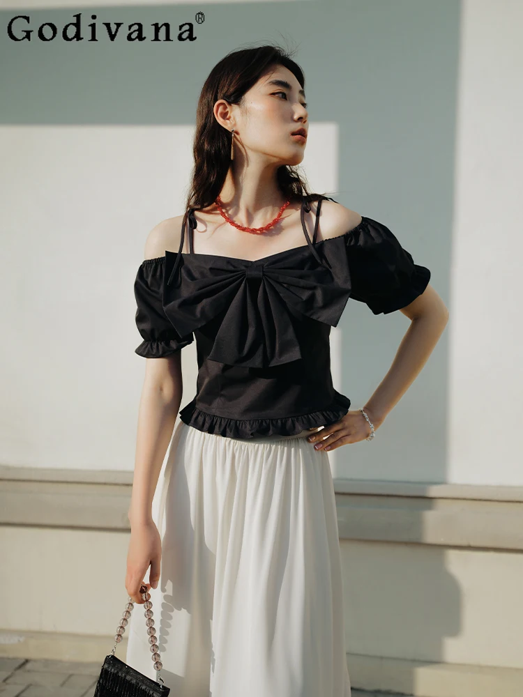 

Large Size Girl Black Party Romantic Age Reduction Short Sleeve Square Collar Shirt Summer New Sweet Bow Ruffles Versatile Top