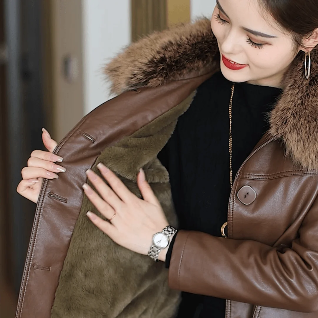 Women's Fce Lined Thiened Leather Jaet Autumn 2024 Casual Commute Sle Loose Fit Long Sve  Collar Single Button