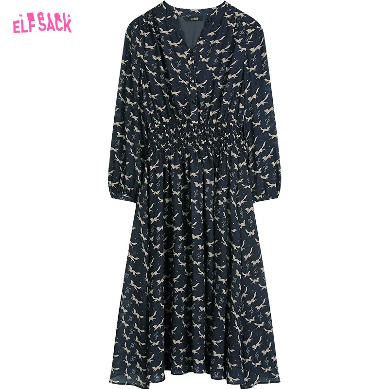 ELFSACK 2024 Autumn New Arrive Navy blue retro full print v-neck temperament waist slimming long sleeve dress for women