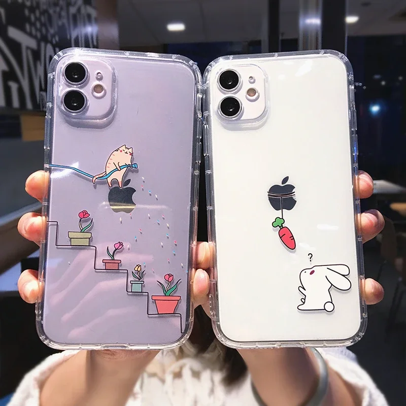 Cute Cartoon Animal Cat Rabbit Clear Phone Case For iPhone 14 16 13 12 11 15 Pro Max Mini XR SE 15 Plus Funny Transparent Cover