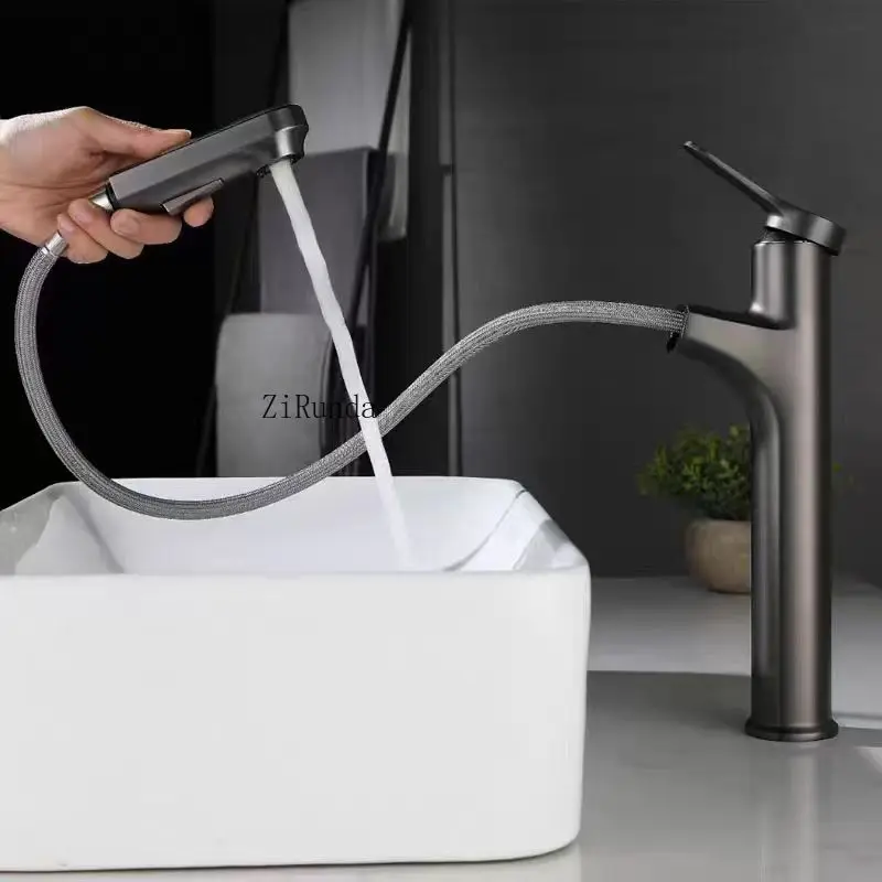 Table basin pull-out faucet copper hot and cold bathroom surface Table basin faucet gun gray