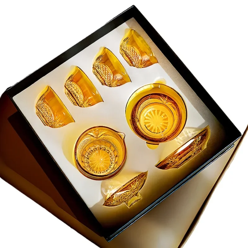 Handmade engraved kung fu tea s et amber light luxury crystal teacup gift box set
