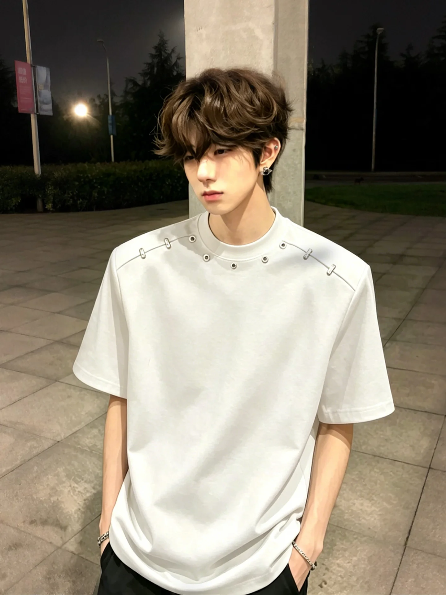 Black Metal Buckle Shoulder Pad Design Short Sleeve Men's T-Shirt Summer Cool High-End Feel Five Sleeve Husband Feel round Ne...