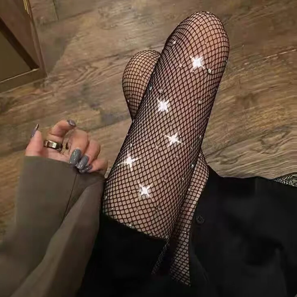

Women Stocking Tights Fishing Net Socks With Rhinestone Sparkling Pantyhose Female Fashion Sexy Sock One Size