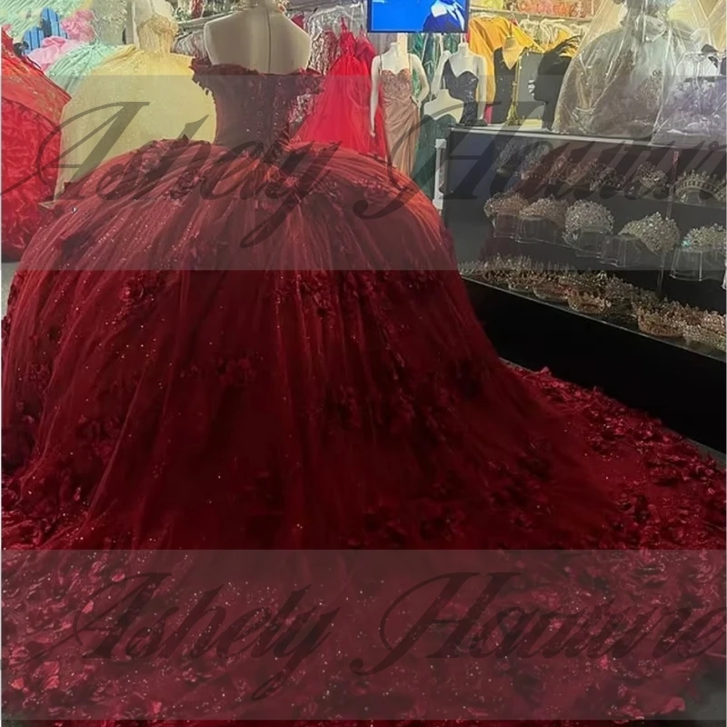 Robes de Quinceanera bordeaux mexicaines personnalisées, épaules dénudées, Corset Floral 3D, robe de bal pour femmes, robe de bal, 15 16 filles