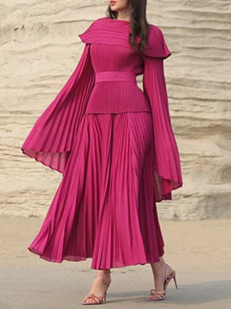 LANMREM Elegant Party Pleated 2 Pieces Set Women Flare Sleeve Belt Gathered Waist Tops + A Line Long Skirt 2024 New 17G8267