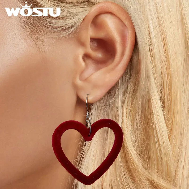 WOSTU 925 Sterling Silver Huge Red Heart Drop Dangle Earrings For Women Unique Velvet Heart-shaped Acrylic Statement Earrings