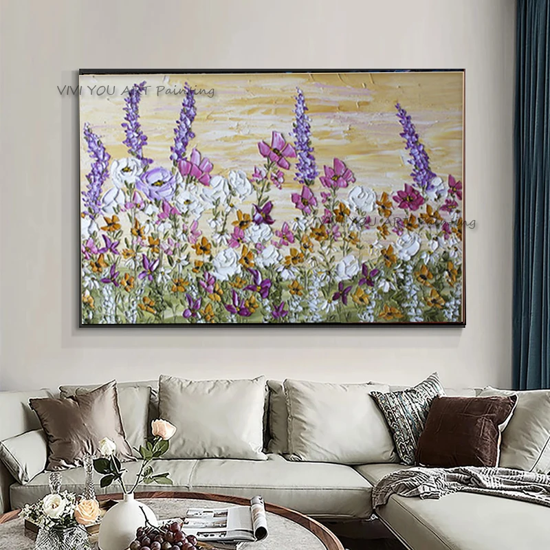 

Large 3D Textured Floral Oil Painting Handmade Purple Flower Canvas Wall Art Modern Impasto Abstract Landscape Decor for Home