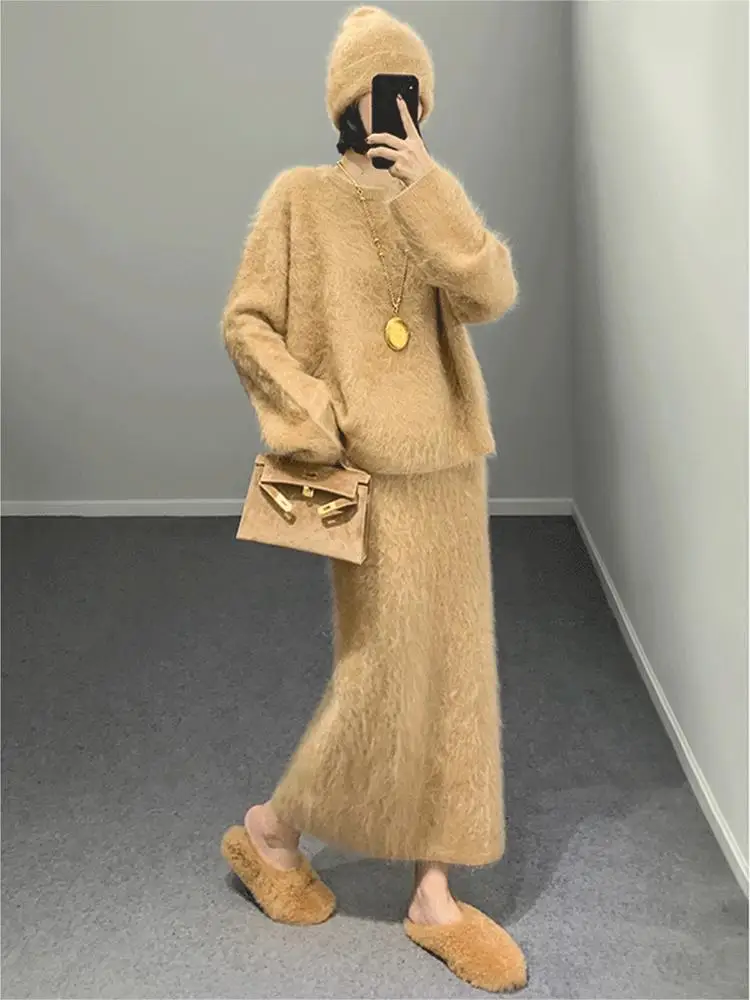 2024 Elegant 2 Piece Skirt Set Women 2023 Autumn/Winter Solid O-neck Long-sleeved Sweater Long Skirt Sets New Knit Pullover Top