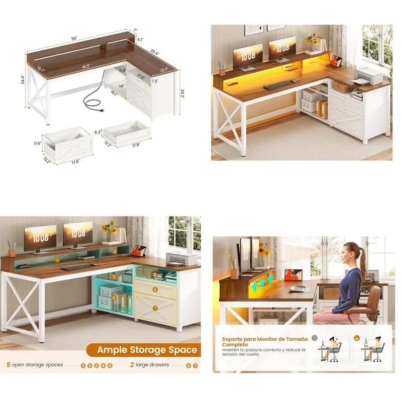 Steel Wood Corner Computer Desk with Power Strip LED Light Simple Study Table for Bedroom Home Office