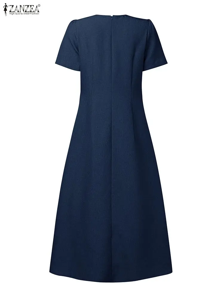 ZANZEA Vintage Long Shirt Dress Women Summer Short Sleeve Solid Midi Vestidos 2025 Fashion OL Casual Loose Pleated Party Robe