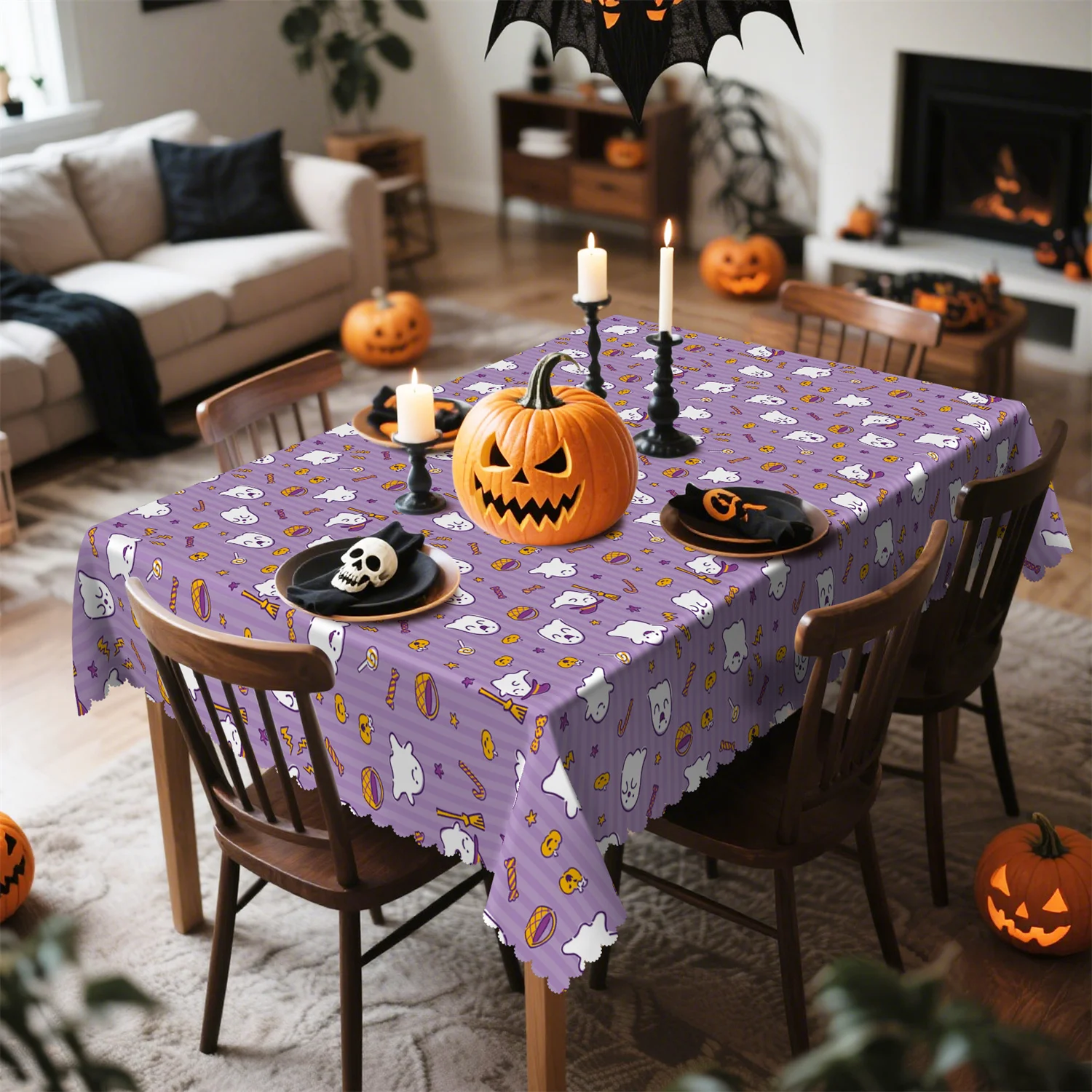 Purple striped star-shaped cute ghost candy basket with Halloween tablecloth - 1 pack - suitable for restaurantszyc