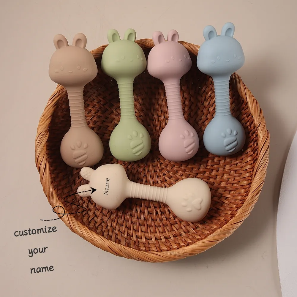 Personalized Baby Teether Custom Name Silicone Rattle Toy Cute Bunny Easter Rabbit