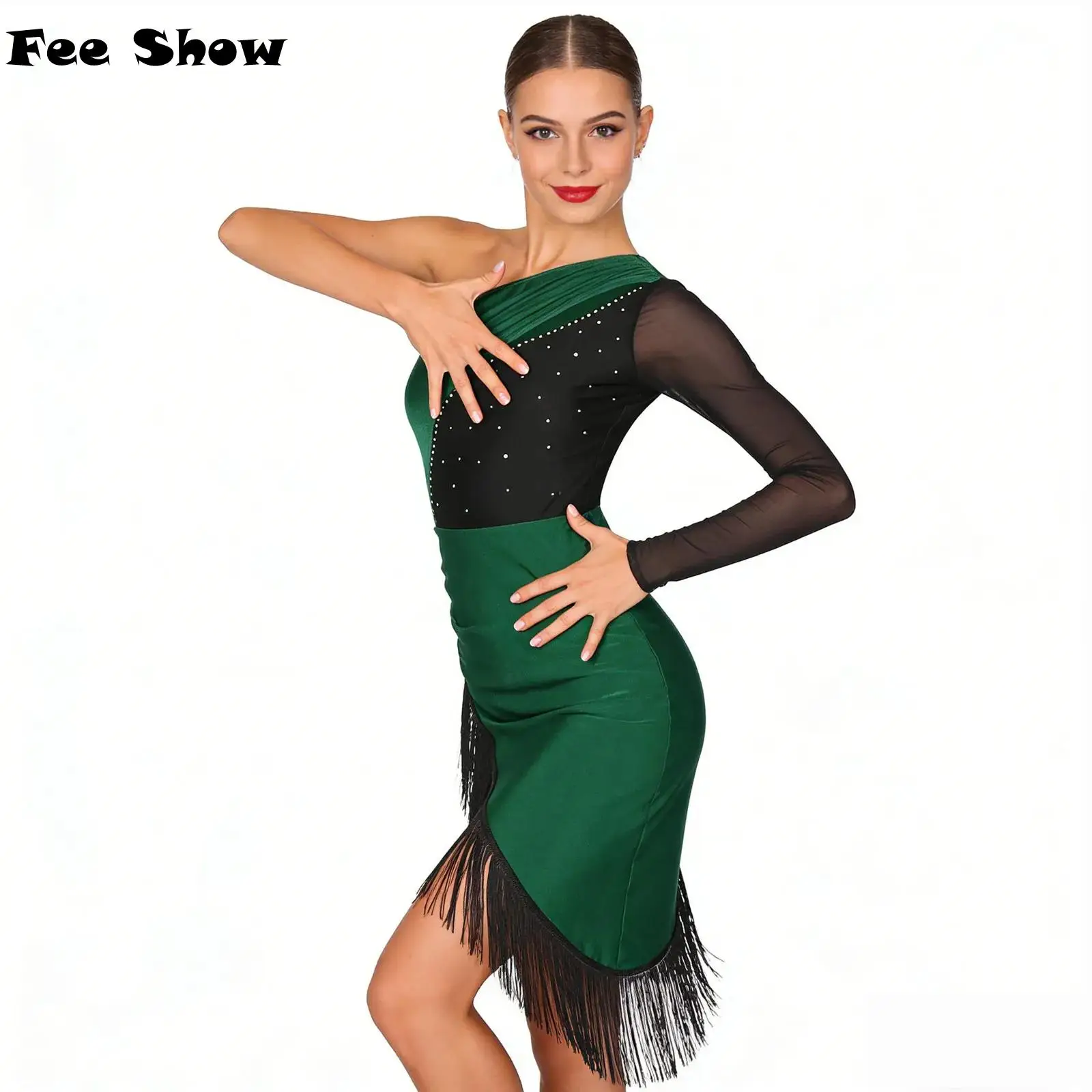 Womens Tassel Latin Dance Dress Salsa Tango Ballroom Dancing Dress Shiny Rhinestones One Shoulder Asymmetrical Fringe Dress