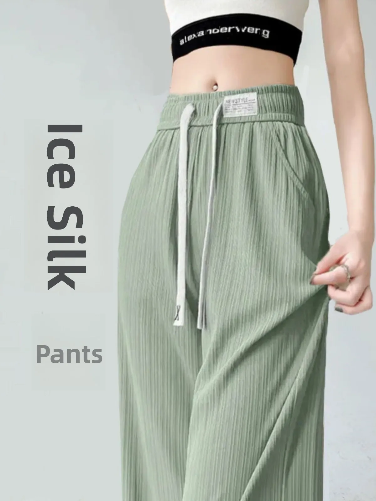 Ice Silk Wide Leg Pants Women Summer Thin High Waist Slim Loose Cool Straight Casual Trousers Student Nine Points Pants