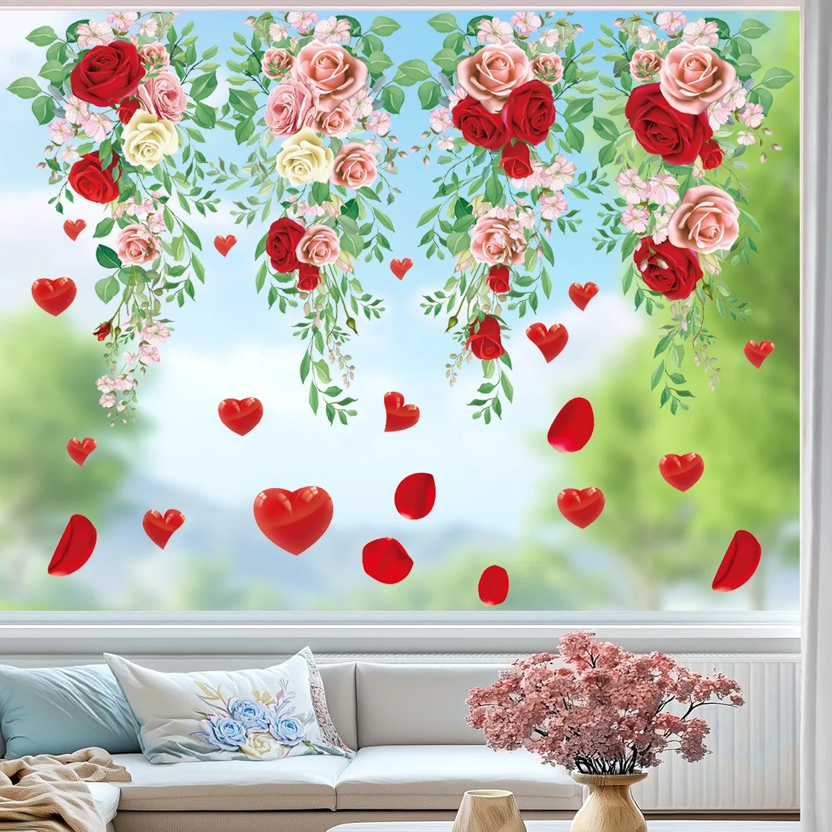 Spring Rose Vine Static Cling Window Decal Shop Glass Door Sticker Home Decor Removable Frosted Film