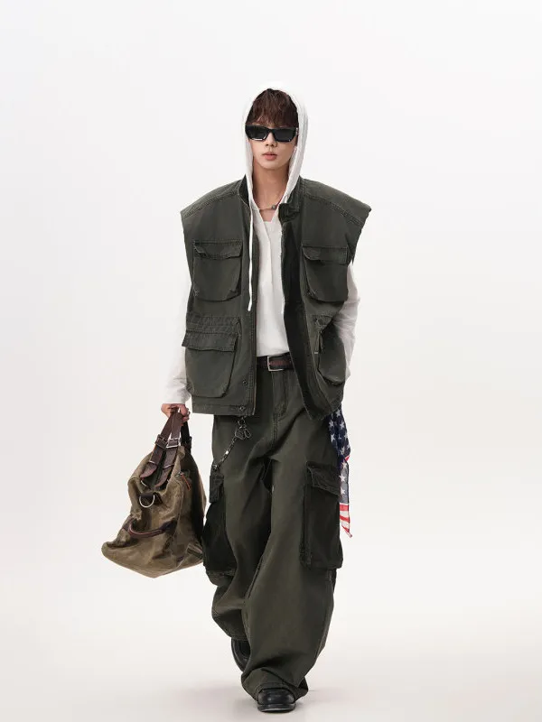 

TANGZ Studio American Sle Workwear Vest And Pants Set for Men Casual Outdoor Multi-ket Pad oulder Summer Cotton