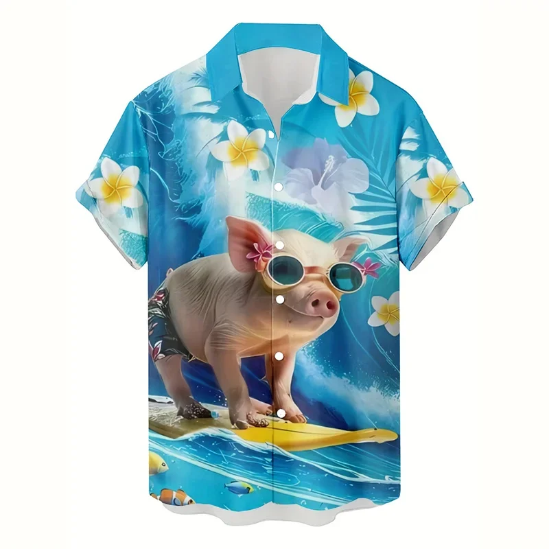 Koszula hawajska męska z nadrukiem 3D zwierząt, kota, psa, świnki, krótki rękaw, nowy wzór, letnia koszula plażowa z kołnierzykiem i guzikami