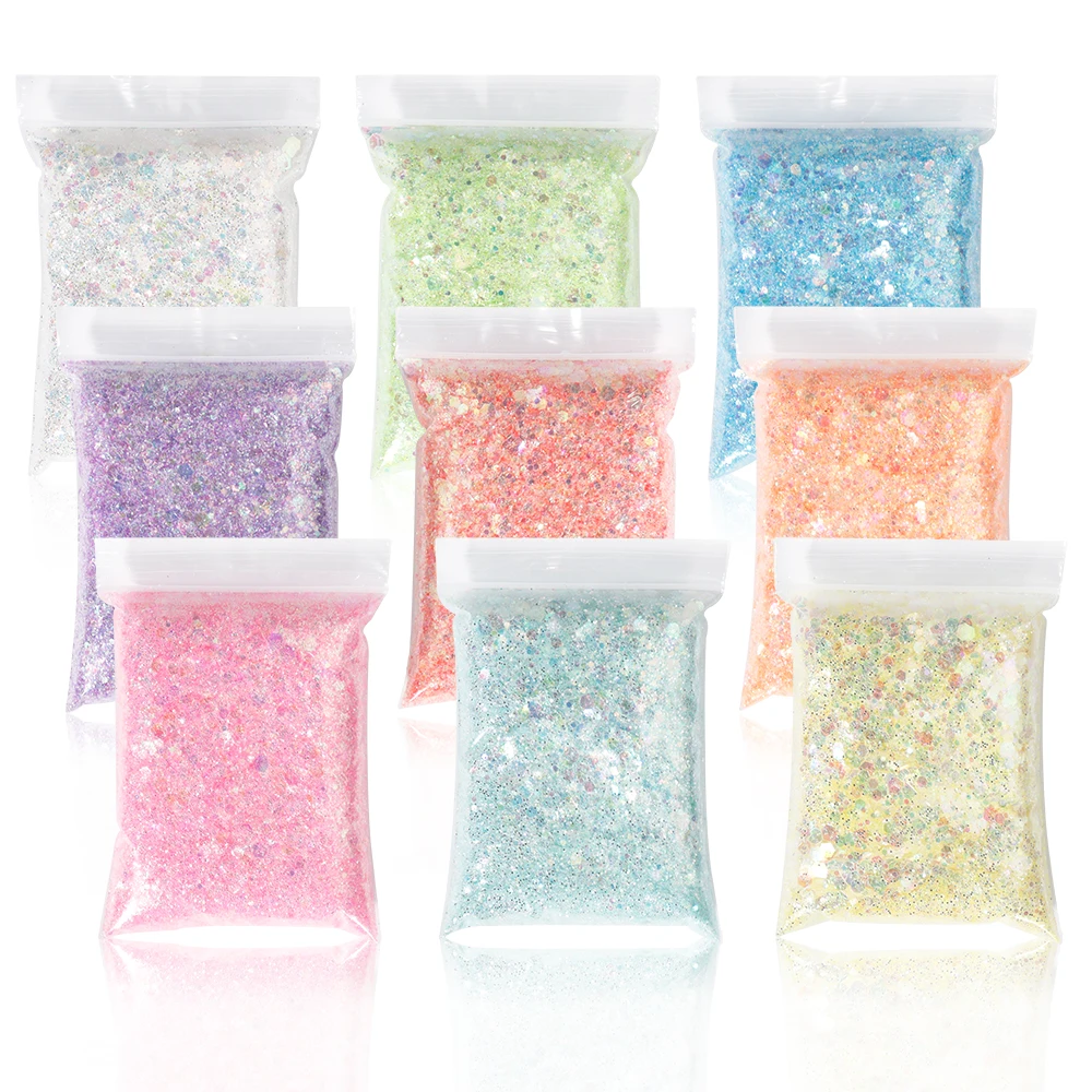 50g Aurora Nail Glitter Paillettes 3D Ice trasparente formato misto Hexagon olografico lucido Manicure/occhi/corpo decorazione Paillettes *