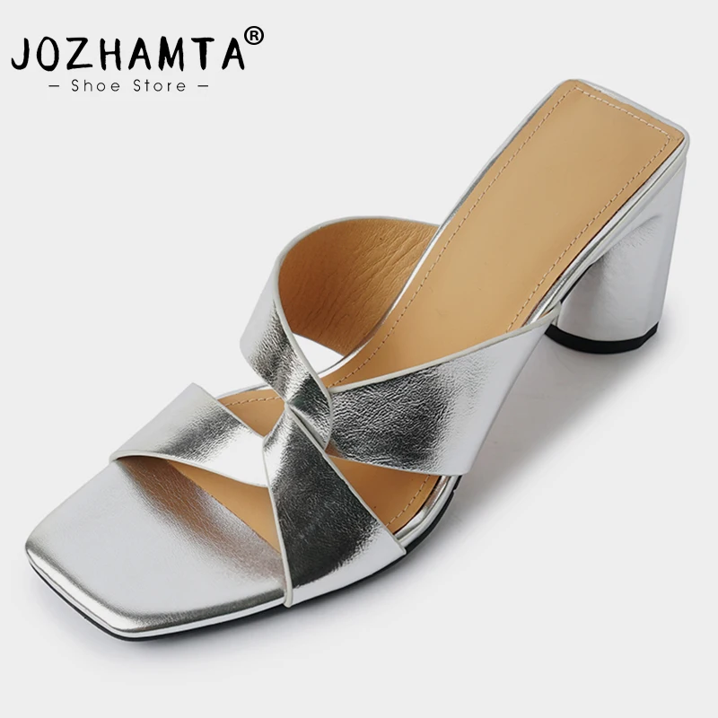 JOZHAMTA Size 33-41 Mules Sandals Women Real Leather High Heels Summer Shoes For Women 2023 Fashion Slippers Home Outdoor Slides