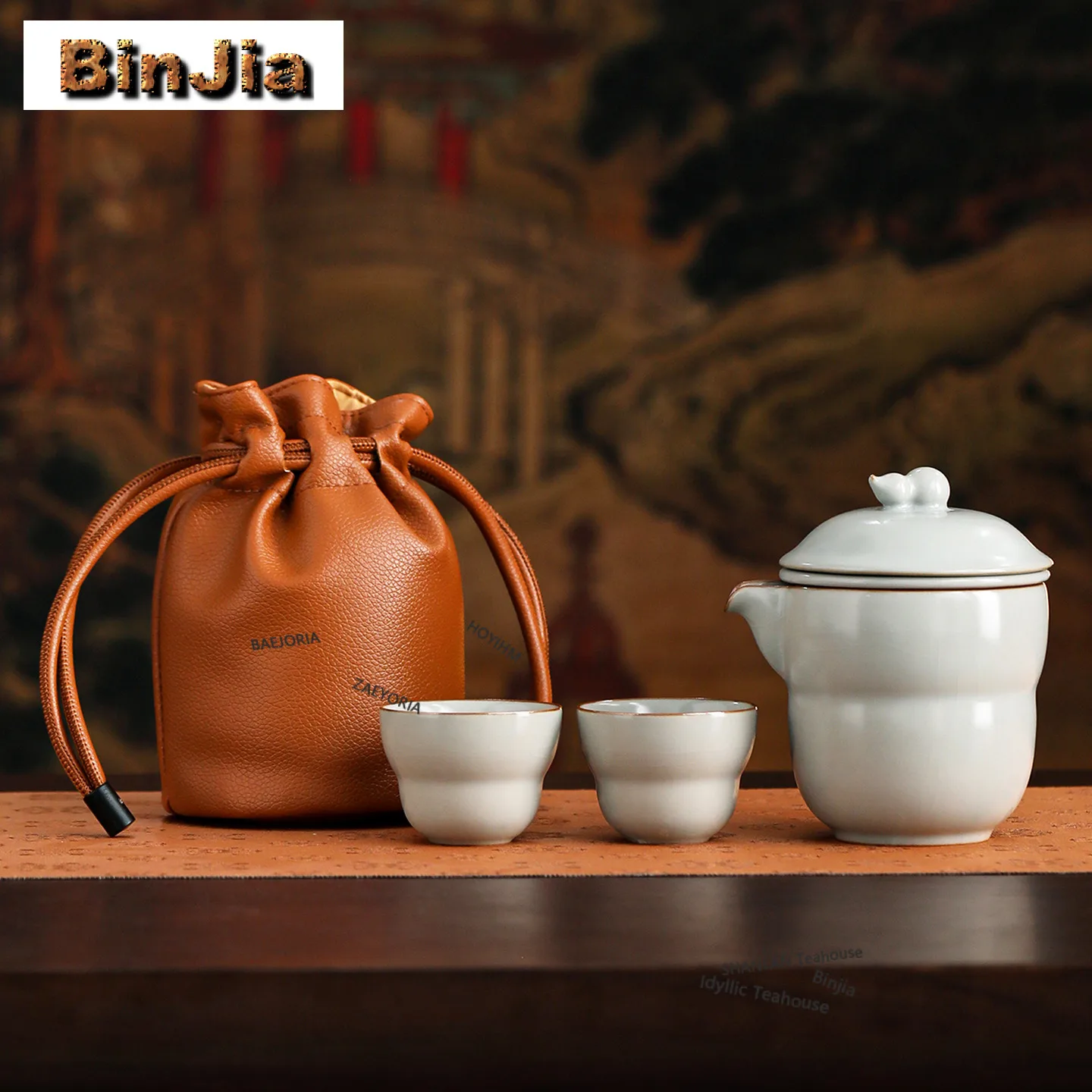 Azure Ru Kiln Gourd Travel Tea Set Kit Elegant 1 Pot 2 Cups Tea Brewing Organizer Portable Outdoor Handbag Supplies Collection