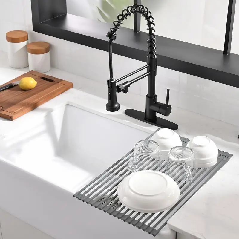 Matte Black Kitchen Faucet with Pull Down Water Filter and Roll Up Dish Drying Rack for Drinking Water