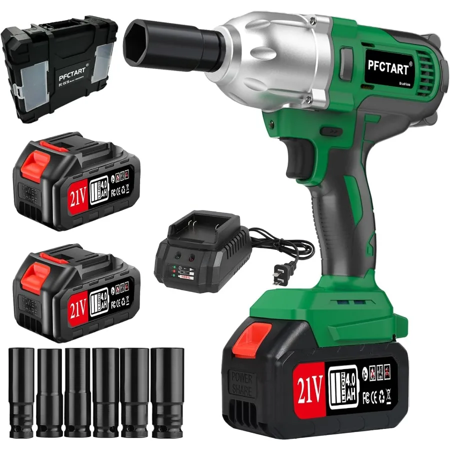 

Набор бесщеточных ударных ключей 1/2 дюйма, 800 Нм, 2x4,0 Ач, аккумуляторы, 6 головок, ящик для хранения инструментов для автомобиля, грузовика, автофургона