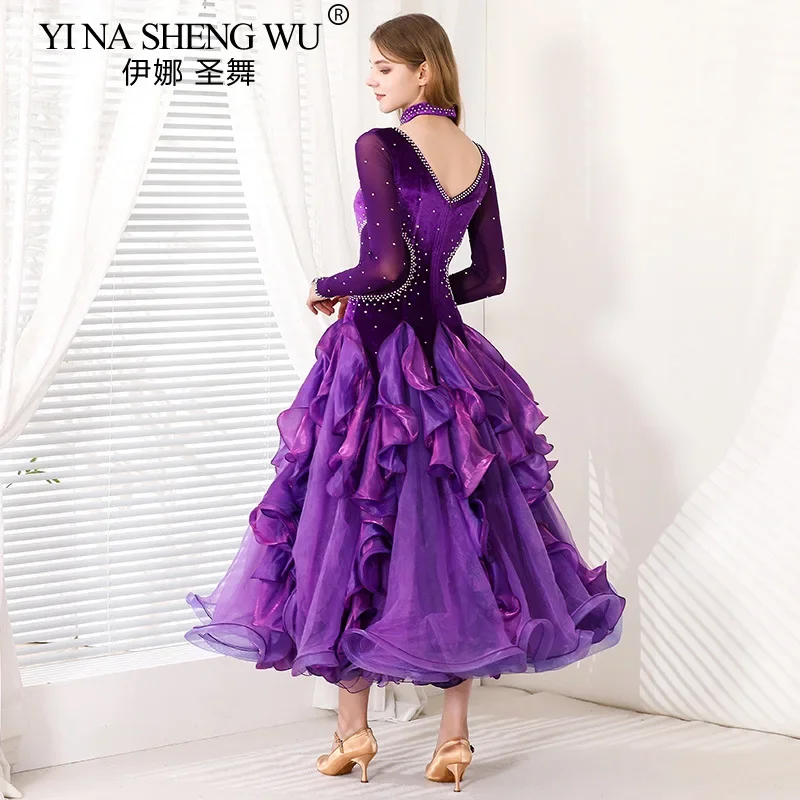 Modernes Damen-Ballsaal-Tanzkleid mit langen Ärmeln, lila Samt, Walzer, Flamenco-Performance-Kostüm für Wettbewerbskostüm