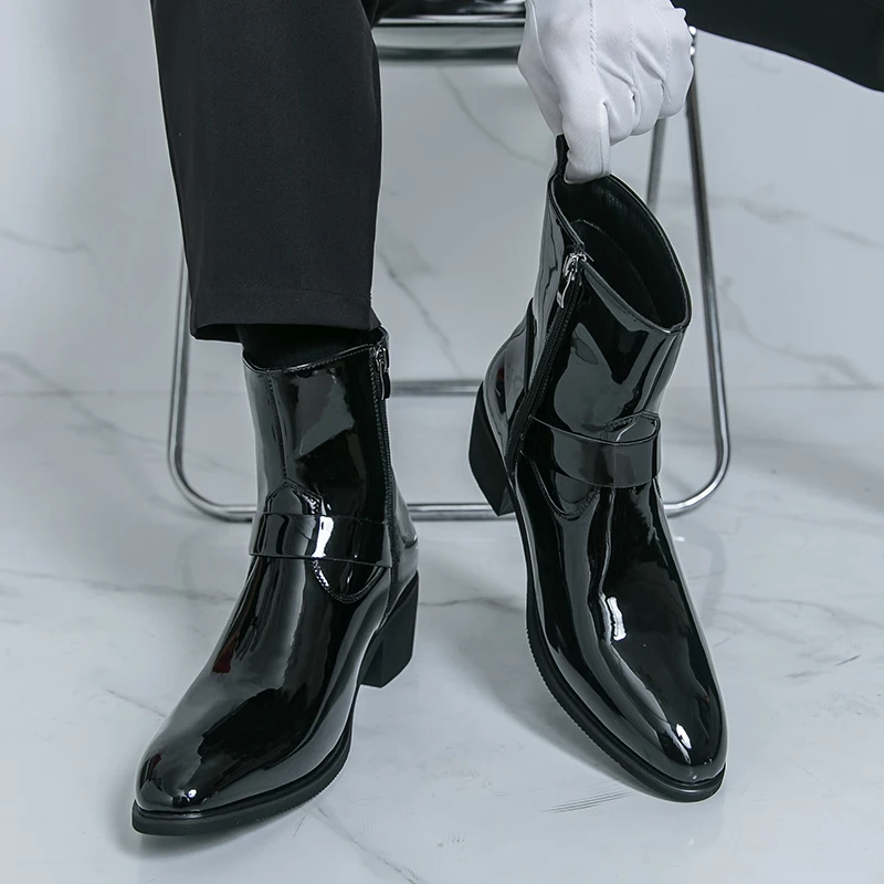 Męskie buty za kostkę z PU, szpiczasty nosek, modne, wygodne, na wysokim obcasie.