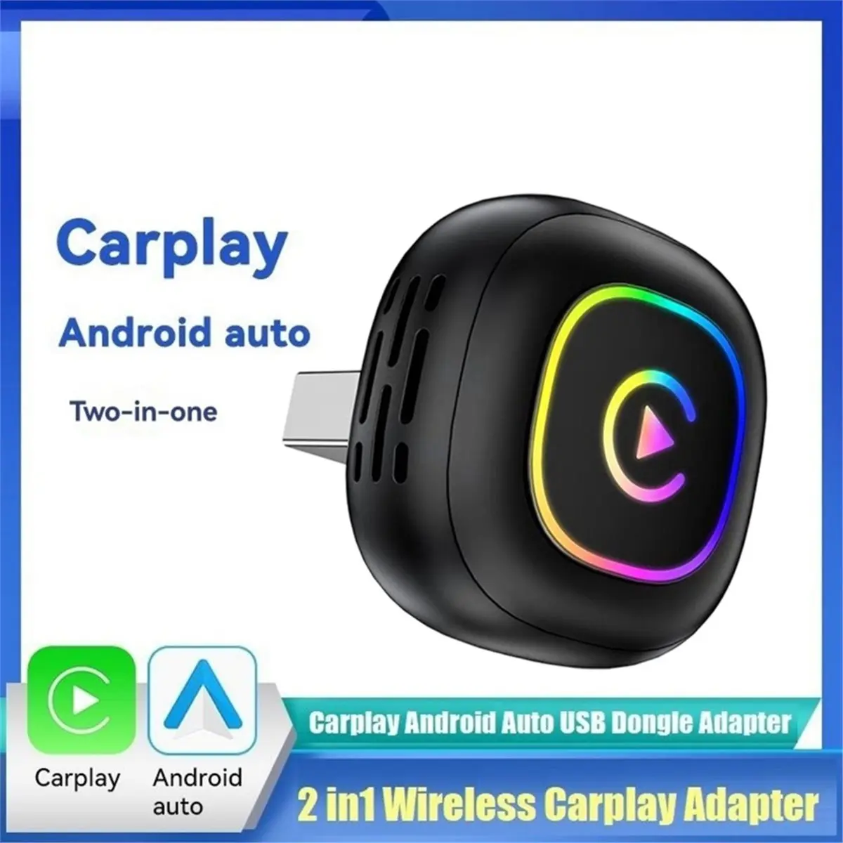 update. 2in1 Wireless Carplay Android AUTO BT5.0 Smart AI Box USB Adapter Wired to Wireless Carplay with RGB Light