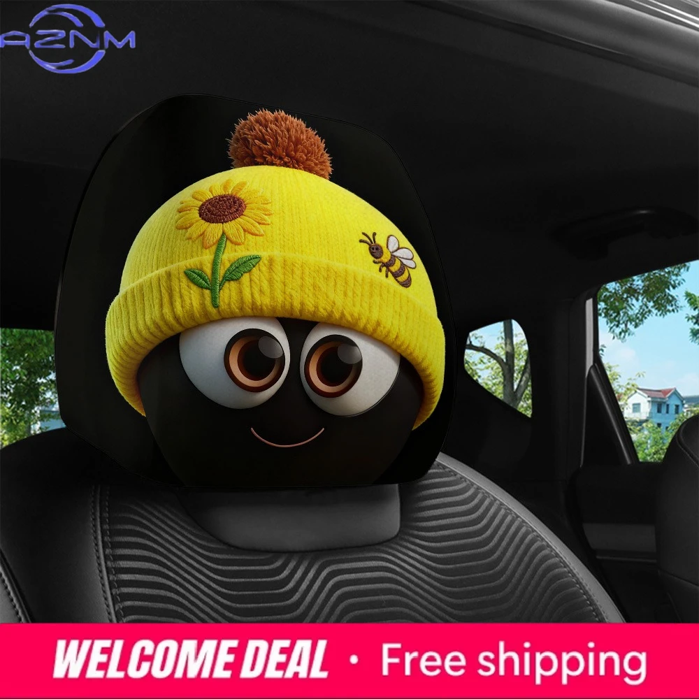 Cartoon Smiley Face Print Headrest Cover, Durable & Washable, Universal Car Headrest Cover for Daily Commuting & Road Trips