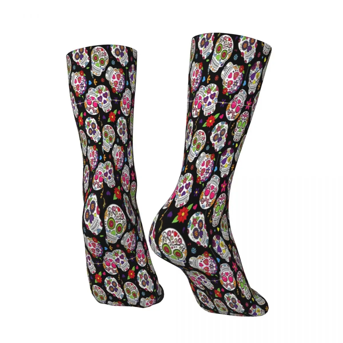 Calcetines de calaveras de calavera mexicana para hombre y mujer, medias de poliéster personalizables, patrón negro de flor de azúcar