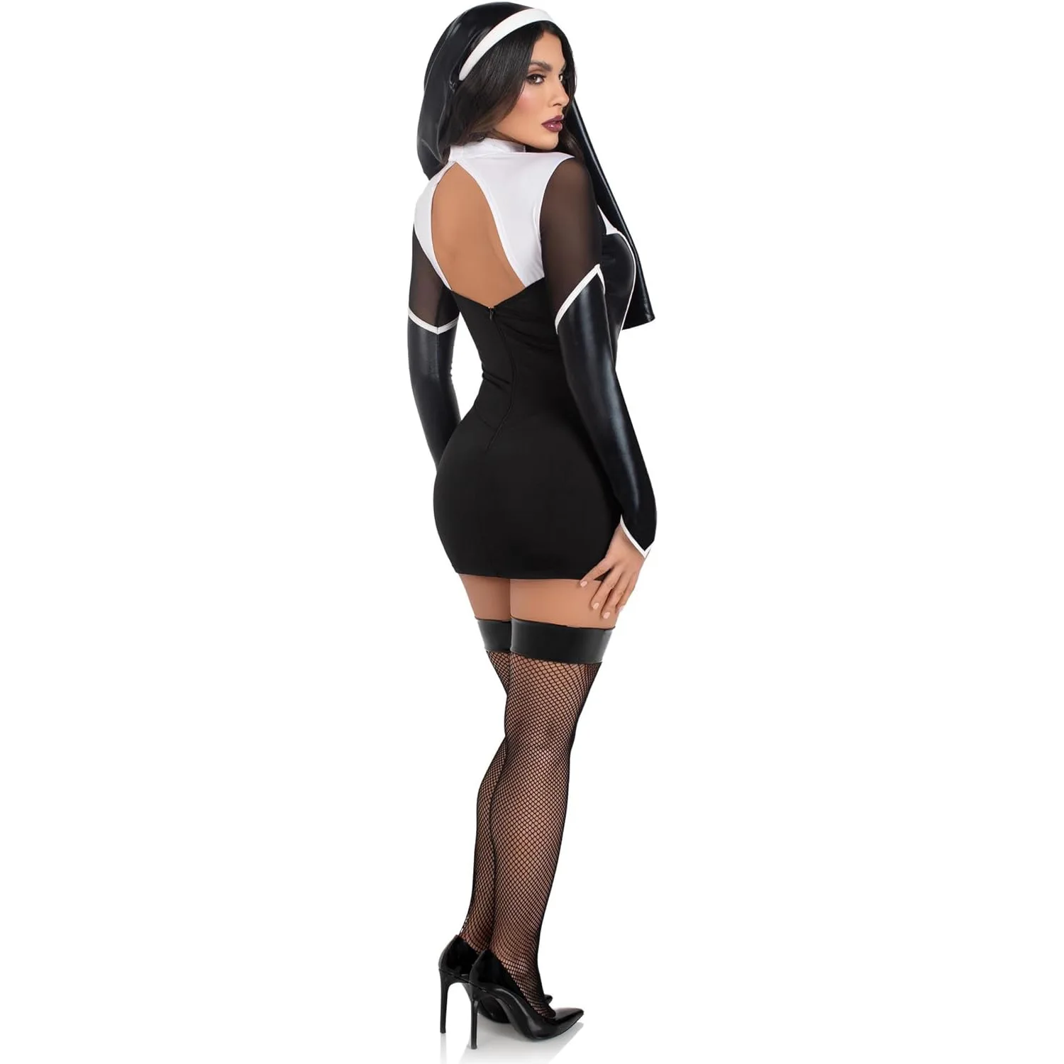 Halloween Women Cosplay Costume Night Club Nun Maid Long Sleeves Hollow Out Tops Short Skirt with Turban Uniform Nun Cosplay view 5