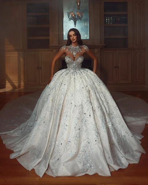 Luxurious Rhinestones Wedding Dresses Illusion Sheer Neck Ball Gowns Custom Made Lace Sequins Crystals Vestido de novia AliExpress