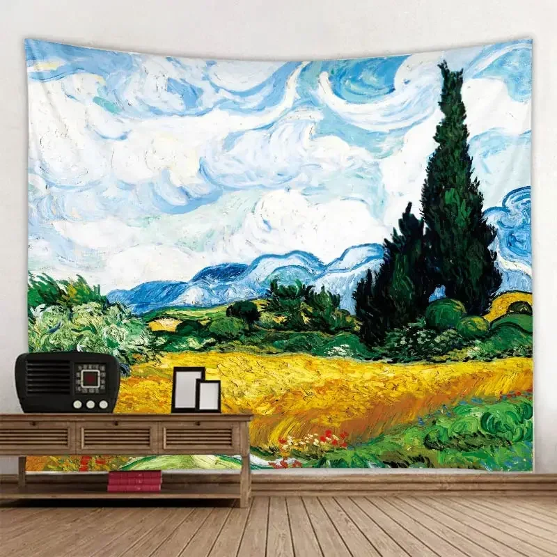 Van Gogh Oil Painting Starry Sky Wall Hanging Tapestry Theme of Artistic Works Design Hanging Curtain Bedroom Living Room Decor