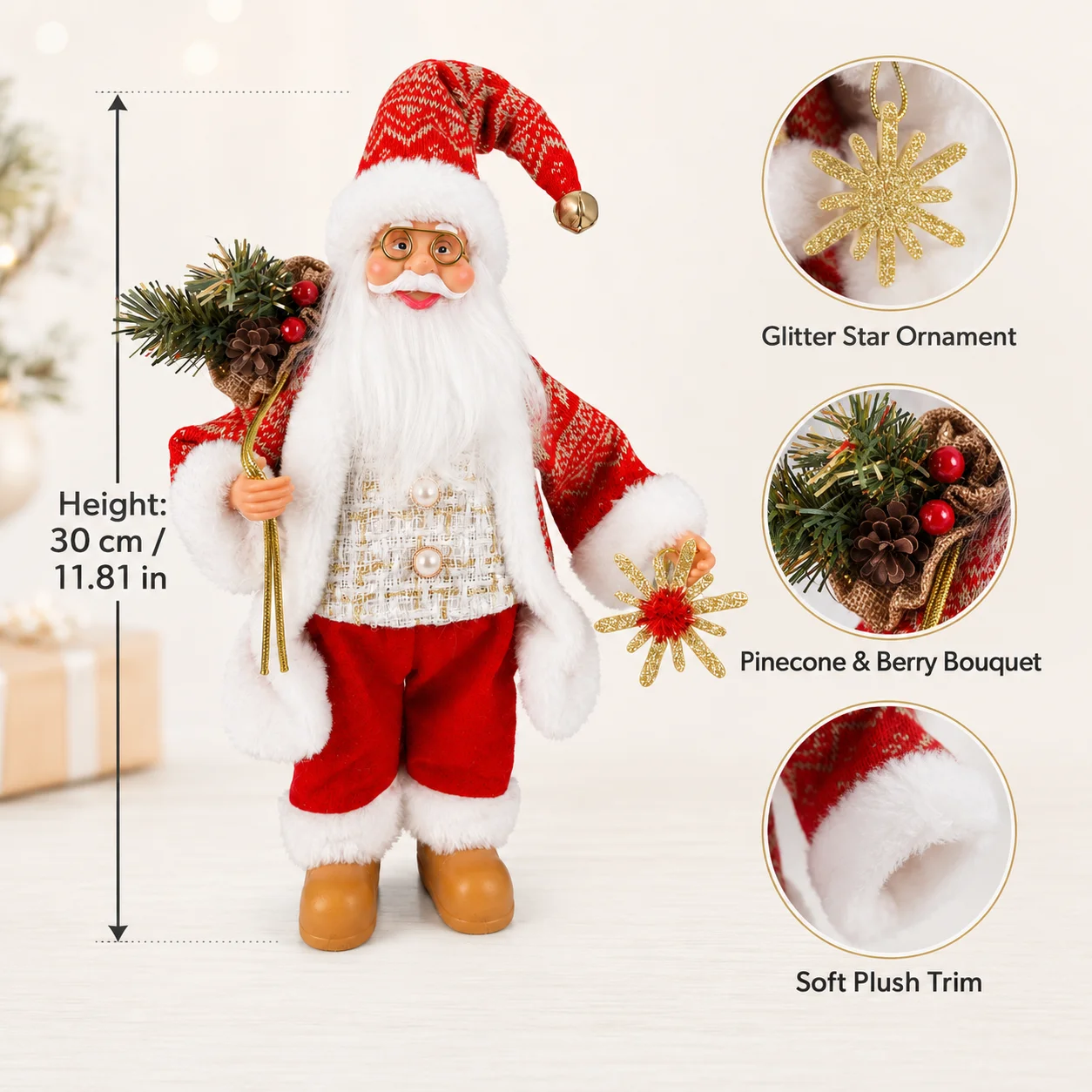 30cm Santa Claus Figurine with Pearl Buttons, Pinecone & Berry Bouquet, Soft Plush Christmas Tabletop Decor for Xmas Home Party