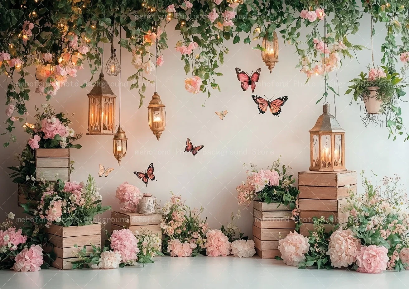 Latar Belakang Fotografi Mehofond Musim Semi Lampu Kupu-kupu Indah Bunga Kotak Kayu Kecil Tanaman Rambat Dekorasi Latar Belakang Potret Keluarga Anak-anak