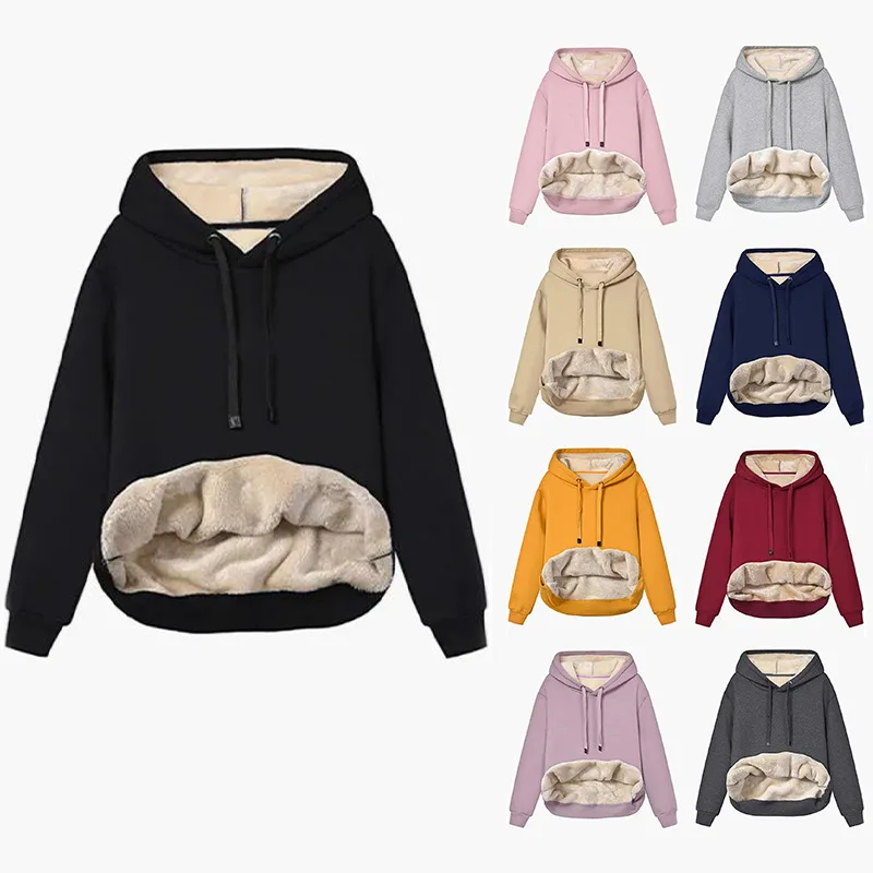 New winter women's warm lambskin pocket hooded sweatshirt jacket