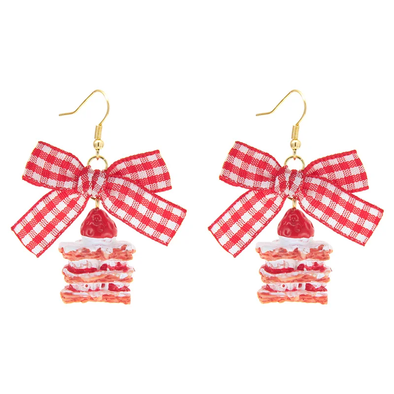 Ins Sweet Bow Ribbon Acrylic Strawberry Cake Pendant Earrings Quality Drop Earrings For Girls Women Gift Lovely Jewelry