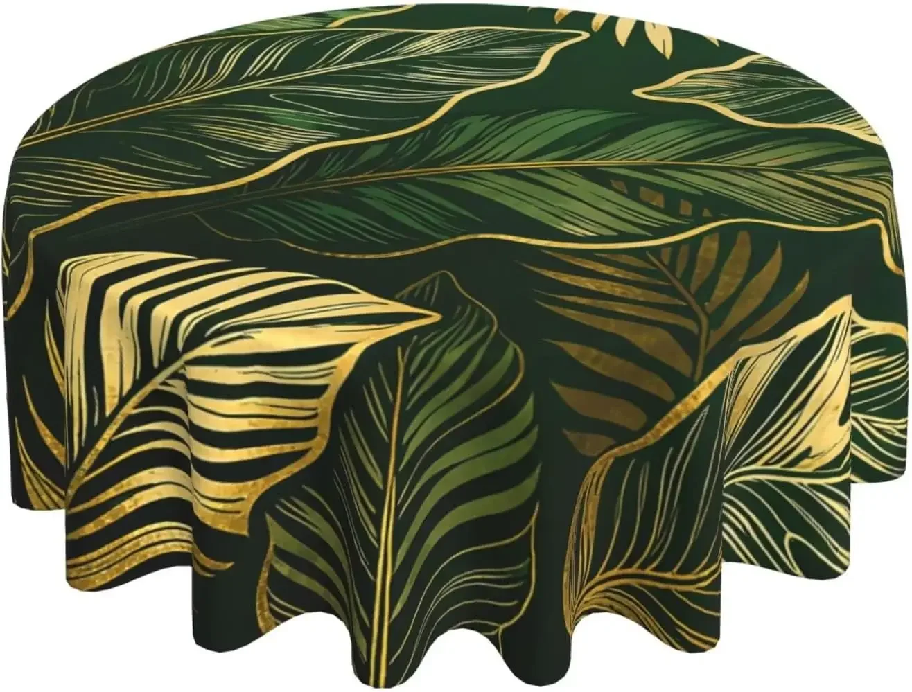 Green Gold Leaves Tablecloth Round Palm Tree Leaf Summer Vintage Tropical Botanical Circle Washable Cover for Dining