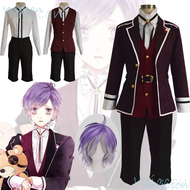 Anime Sakamaki Kanato Cosplay Costume Game DIABOLIK LOVERS School Uniform Wig Prop Set Necklace Party Role Play Outfit for Men