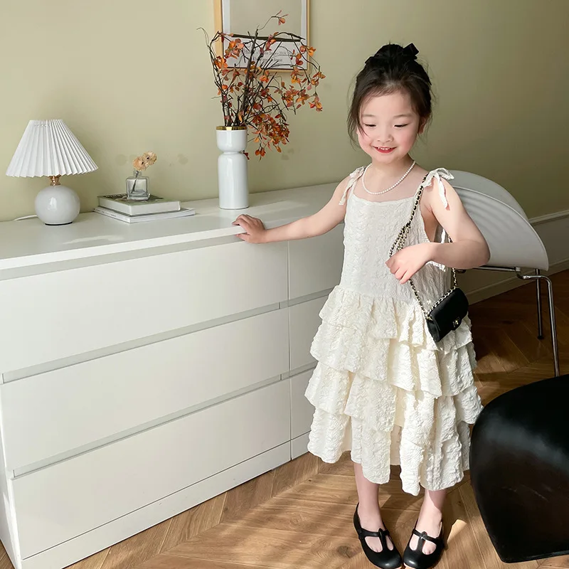 

Summer Baby Girls Cotton Stylish Plain Ruffle Strap Sleeveless Layered Princess Dresses School Kids Skirt Children Outfit 1-10Yr