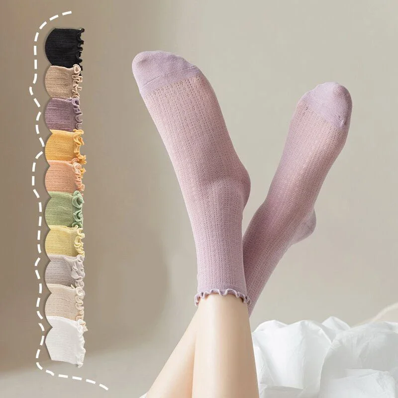 

New Women Socks 2023 High Quality Summer Fashion Casual Long Socks Solid Color Korean Style Waveselvedge Mesh Breathable Cotton