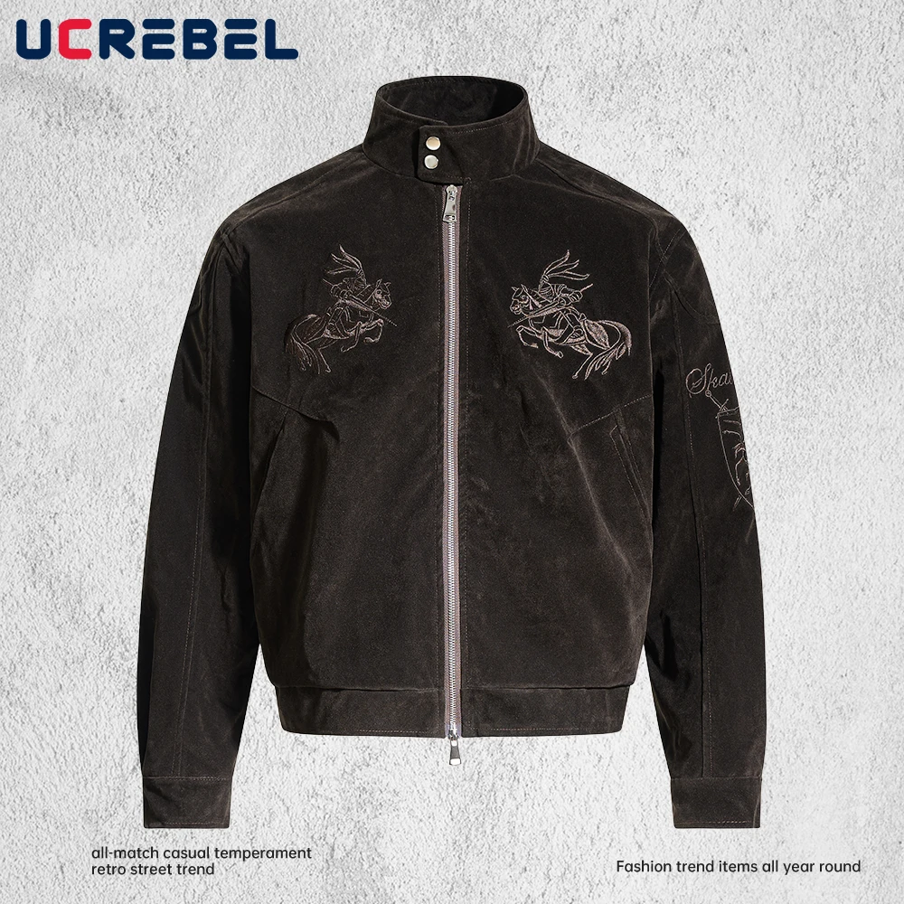 

Knight Embroidery Jacket Mens Autumn Winter Vintage High Street Stand Collar Long Sleeve Outerwear Man