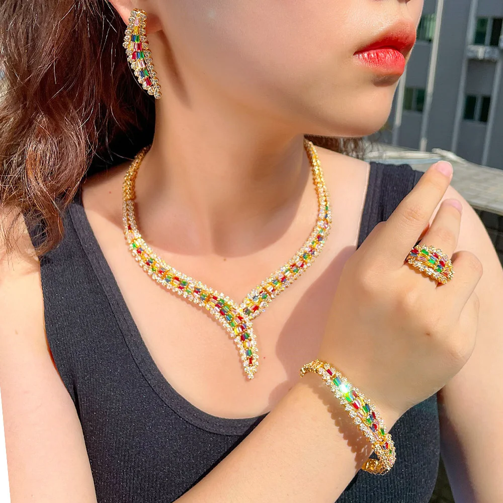 Pera Gorgeous Colorful CZ Zircon Indian Gold Color Luxury Wedding Dinner Party 4Pcs Pendant Necklace Jewelry Set for Brides J535