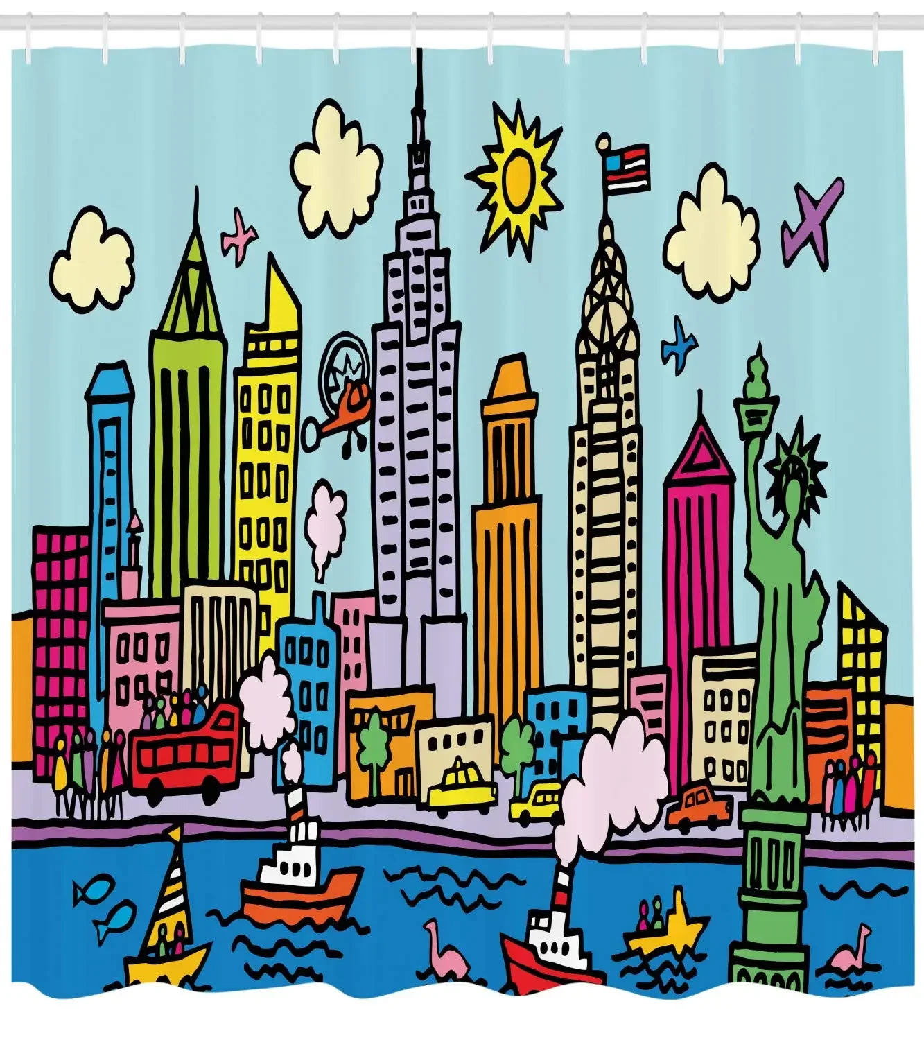 New York City in Cartoon Style Colorful Childlike Drawing Kids Room Nursery Bathroom Decor