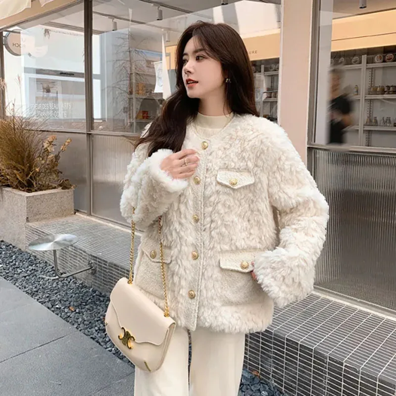 

Faux Lambswool Jacket Women Fashion Single Breasted Padded Thick Warm Coat Loose Elegant Furry Office Lady Casual Tops