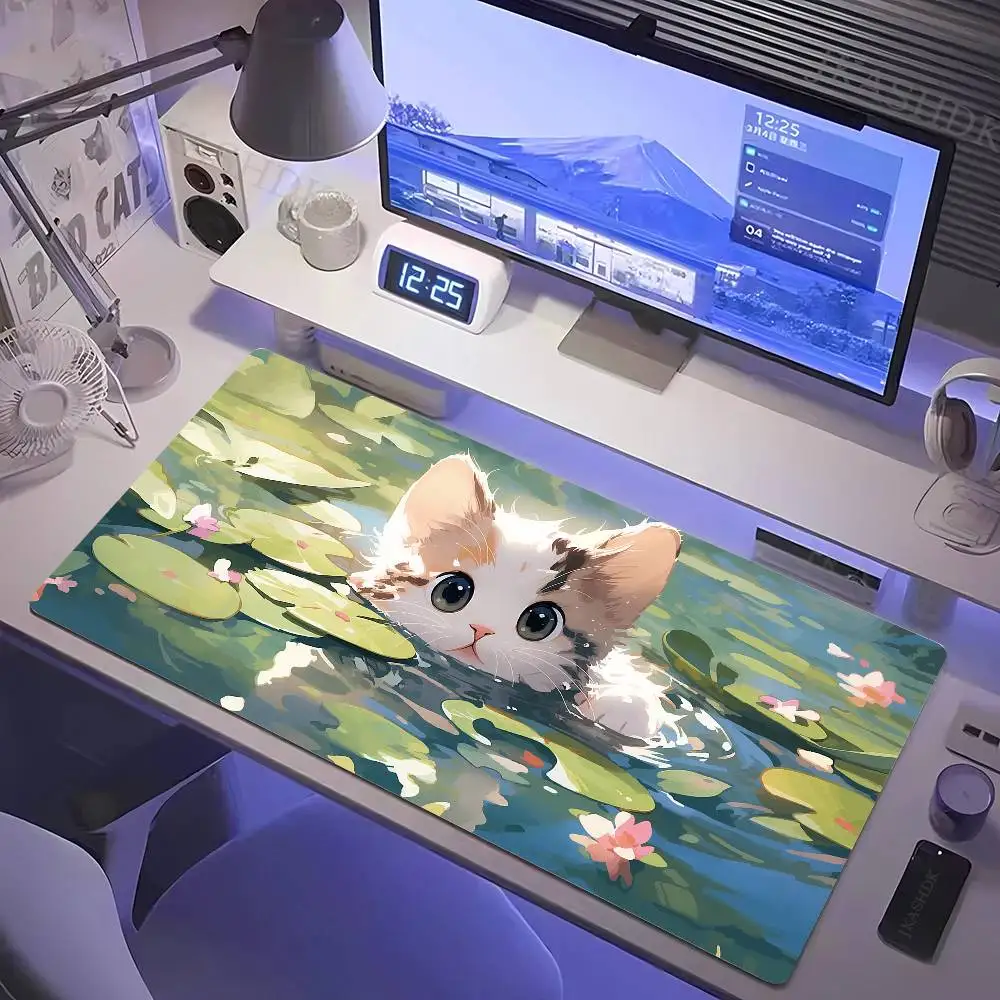 Cute Cartoon Cat Fish Mouse Pad Green Large Computer Keyboard Pad Natural Rubber Anti-Slip Pad Perfect Gift for Girlfriend Women