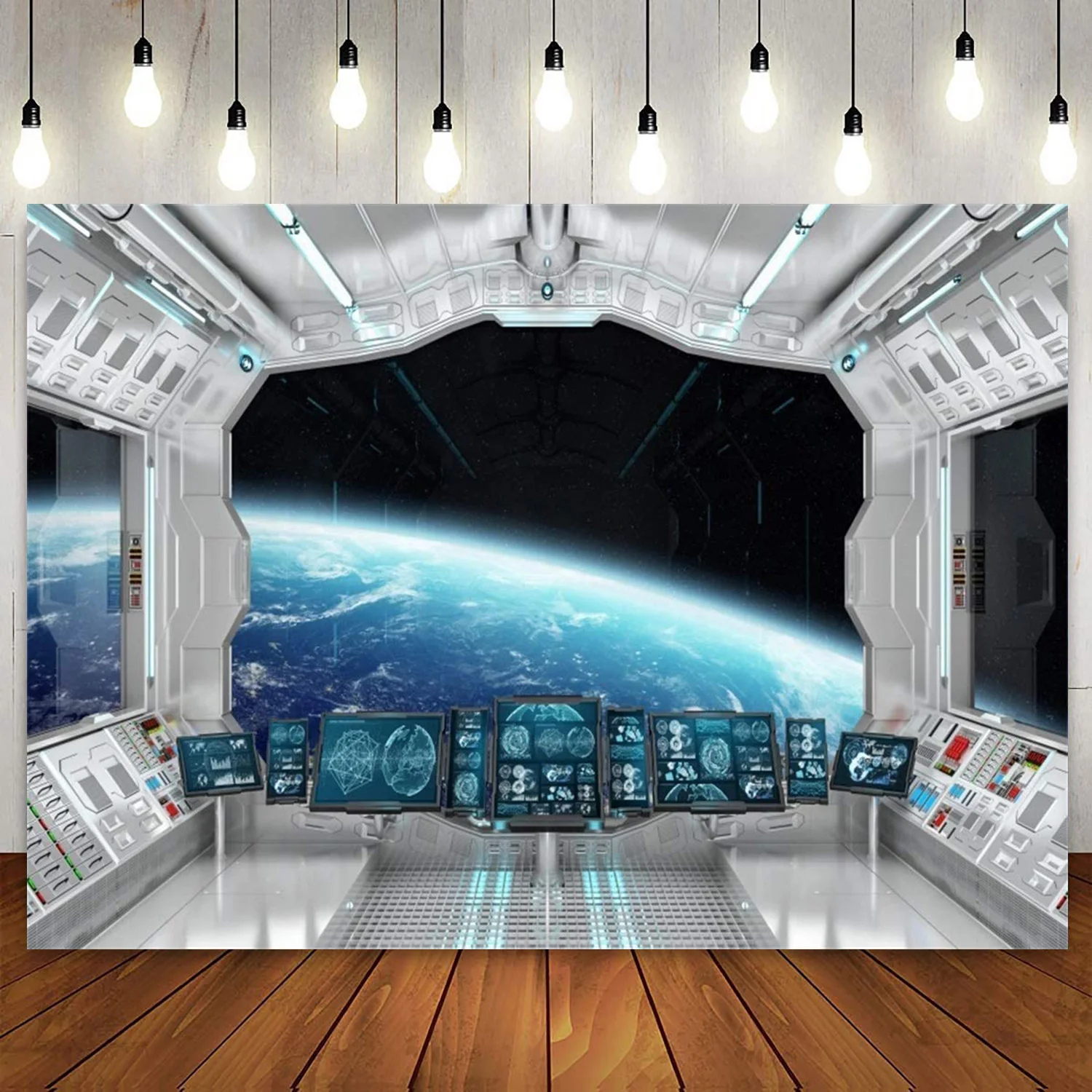 Space Spaceship Interior Planet Earth Birthday Party Backdrop Universe Galaxy Photography Background for kids Boys Men Portrait