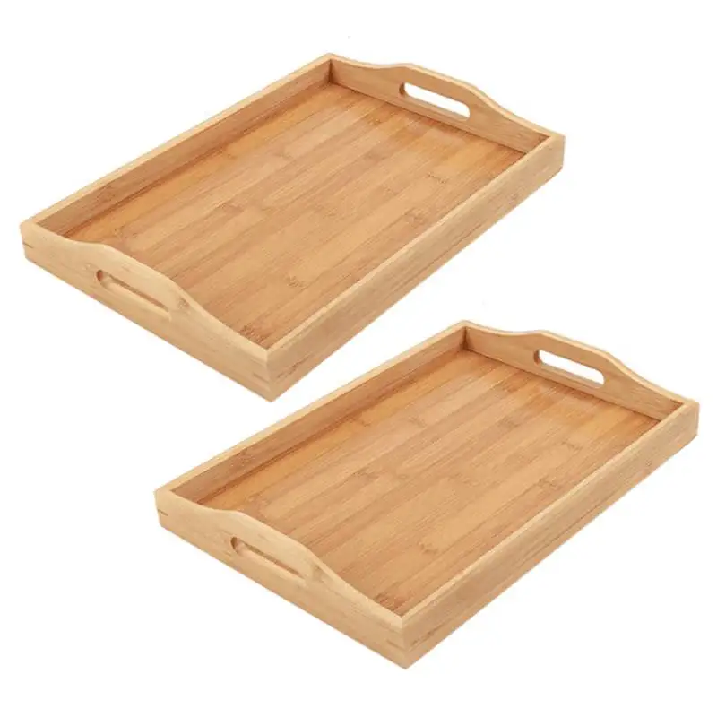 2X Serving Tray Bamboo - Wooden Tray With Handles - Great For Dinner Trays, Tea Tray, Bar Tray, Breakfast Tray